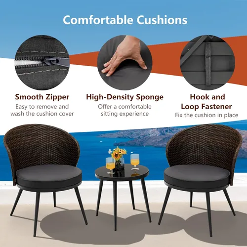Miniatura 6 de Tangkula Juego de 3 piezas de ratán para patio, juego de conversación de mimbre para exteriores con 2 cojines de asiento, mesa de vidrio templado