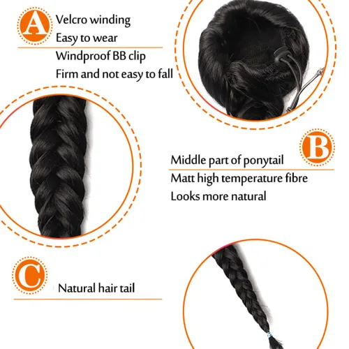 Miniatura 6 de Extensiones de cola de caballo trenzadas de espina de pescado de 15 pulgadas, extensiones de cabello sintético rizado con cordón de cola de caballo