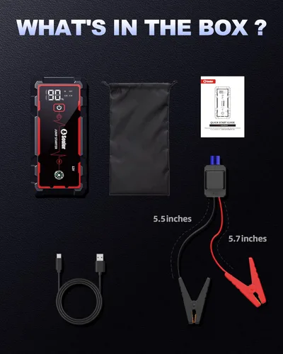 Miniatura 8 de Arrancador de batería de coche de 5000A, arrancador portátil con cable de puente, banco de energía de carga rápida, linterna de 3 modos, brújula