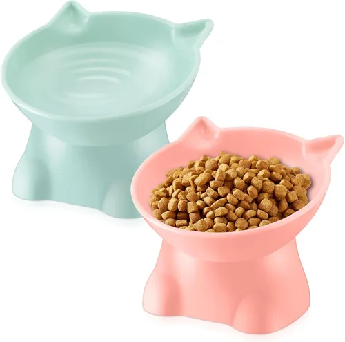 Yaomiao 2 cuencos elevados de plástico para gatos, cuencos elevados de agua para alimentos para mascotas pequeñas (rosa, verde)