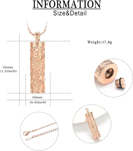 Miniatura 31 de Collar de urna de girasol para cenizas, collar de barra cilíndrica para cenizas para mujer, colgante de recuerdo para cenizas, joyería de cremación
