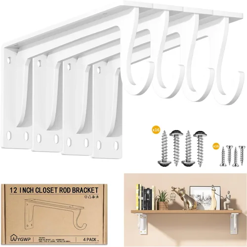Miniatura 11 de Soportes para barra de armario, soporte resistente de 400 libras, soportes de estante de armario con soporte para barra para armario, baño y cocina