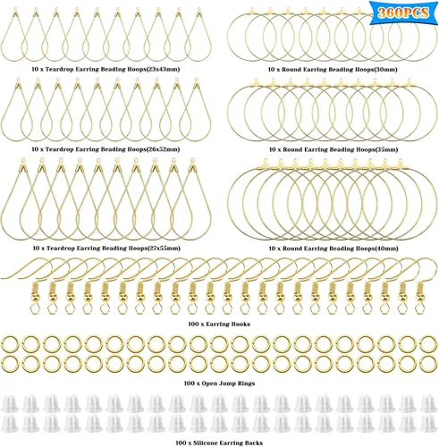 Miniatura 2 de Juego de 360 aros de cuentas para hacer joyas, con aros redondos de lágrima, anillos de salto abiertos, ganchos y respaldos para aretes, suministros