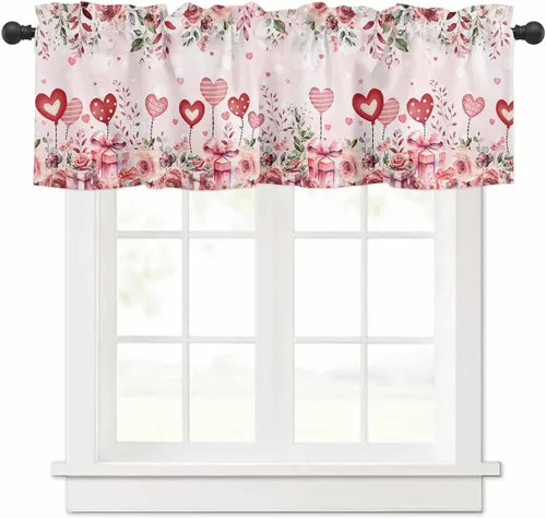 Miniatura 15 de Cenefa floral para ventanas, cortinas de clavel rojo y rosa, cenefas con bolsillo para barra, cenefa de ventana para primavera, vacaciones, día