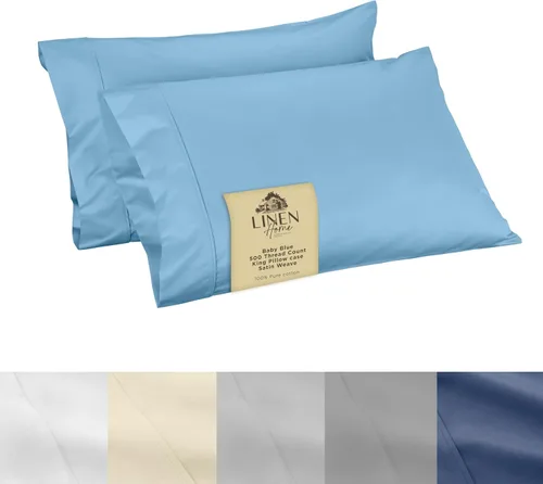 Miniatura 23 de Linen Home Juego de fundas de almohada King de 500 hilos, fundas de almohada 100 % algodón de fibra larga, juego de 2 fundas de almohada de satén