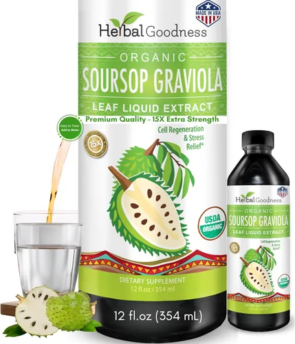 Extracto de hoja de Graviola de 15 veces de fuerza, guanábana (guanabana) hojas líquidas – USDA orgánico, sin OMG, Kosher – Apoyo celular y