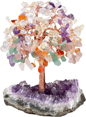 mookaitedecor Árbol de cristal natural de los 7 chakras con base de cristal de racimo de amatista, figuras de árbol de dinero, decoración de Colorido