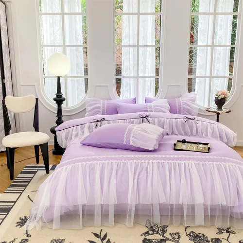 Miniatura 12 de SOUKECHY Juego de funda de edredón de encaje con volantes, ropa de cama elegante con lazo, ropa de cama de princesa para niños, 100% poliéster