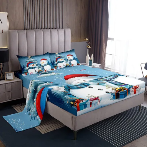 Miniatura 24 de Manfei juego de sábanas de Navidad tamaño completo, juego de ropa de cama con árbol de Navidad en forma de muñeco de nieve para la decoración