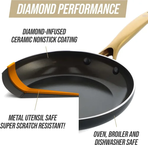 Miniatura 5 de Blue Diamond Gold - Juego de ollas y sartenes de cocina de 10 piezas, apto para inducción, cerámica antiadherente sin PFAS con infusión de diamante