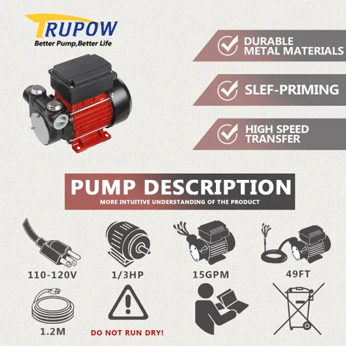 Miniatura 2 de Trupow Bomba extractora de transferencia de combustible eléctrico de autocebado para diesel, queroseno y aceite de 110V CA 15GPM