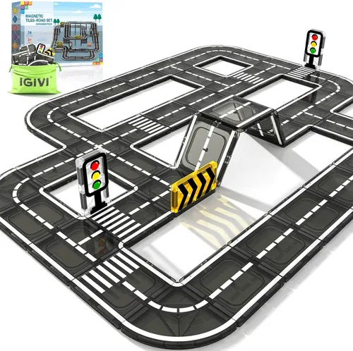 Miniatura 7 de Juego de 112 piezas de azulejos magnéticos para carretera con colores vibrantes y fuerza ultra magnética, bloques de construcción de carreteras
