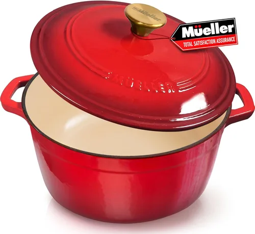 Miniatura 14 de MÜELLERHOME Horno holandés de hierro fundido esmaltado, 6 cuartos de galón, resistente, cazuela con tapa y perilla de acero inoxidable, para todas