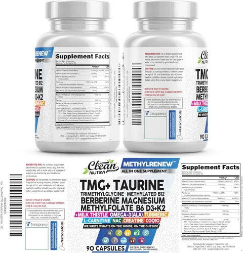 Miniatura 9 de Clean Nutra TMG Supplements 1000mg Multivitamínico metilado para mujeres y hombres Taurina B6 Vitaminas B12 D3 K2 Trimetilglicina Magnesio