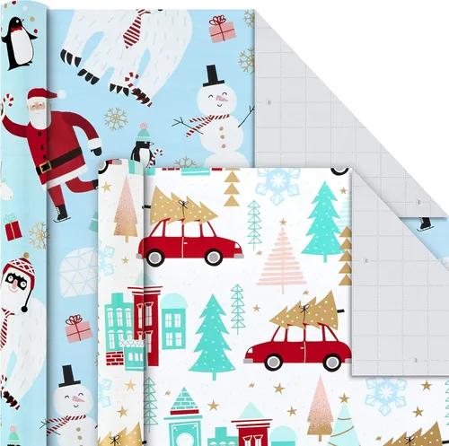 Miniatura 5 de Hallmark Paquete de papel de regalo navideño con líneas de corte en el reverso, Navidad peculiar (paquete de 4, 120 pies cuadrados total) Yeti
