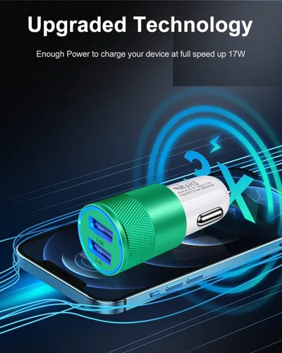 Miniatura 3 de Cargador de teléfono de coche de doble puerto, [2 unidades] Cargador USB de carga rápida de 3.4 A, adaptador de encendedor Carro, adaptador de Verde