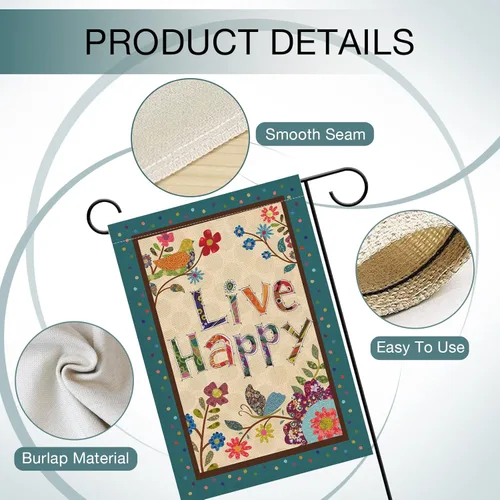 Miniatura 4 de Hzppyz Live Happy - Bandera decorativa pequeña para jardín con flores, pájaro, primavera y verano, cita inspiradora para casa, patio, decoración