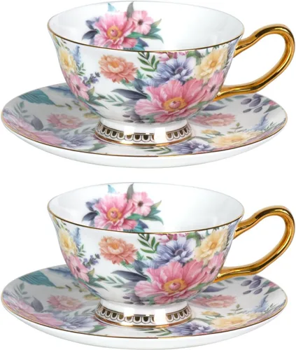 Miniatura 35 de KAMMAK Juego de 2 tazas de té y platillos, tazas de café de porcelana fina, tazas de café expreso apilables, demitasse de cerámica para café