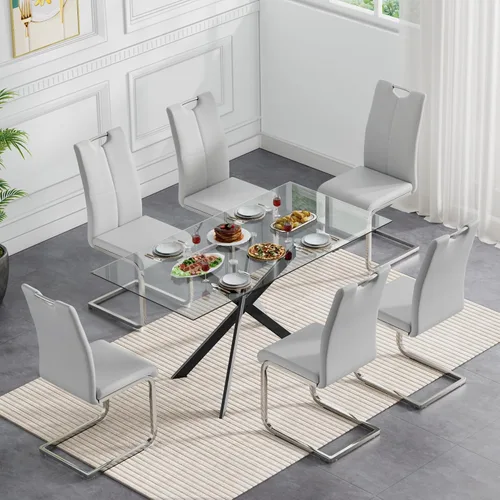 Miniatura 63 de Juego de mesa de comedor redonda de 3 piezas para 2, mesa de cocina moderna de vidrio plateado y sillas para 2 con sillas tapizadas, juego de mesa