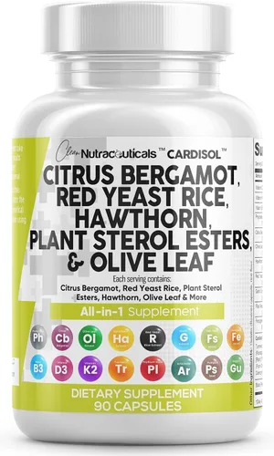 Clean Nutraceuticals Cápsulas de arroz de levadura roja de bergamota cítrica con esteroles vegetales, con extracto de espino y hoja de olivo,