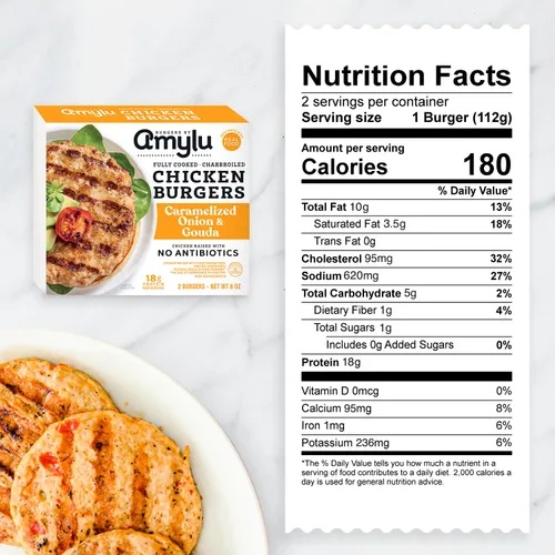 Miniatura 3 de Amylu Foods - Hamburguesa de Pollo con Cebolla Caramelizada y Gouda, Ingredientes Naturales, 18g de Proteína, Pollo Criado sin Antibióticos