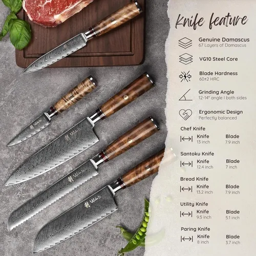 Miniatura 3 de Wakoli Juego de cuchillos de chef de Damasco con bloque magnético – Juego de bloque de cuchillos de cocina profesional de 5 piezas, cuchillas