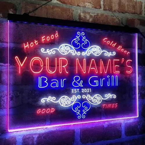 Miniatura 7 de Letrero de luz de neón LED tricolor personalizado para bar y parrilla, nombre personalizado, fecha, texto, cita, fuente blanco, azul y rojo, 17.7 x