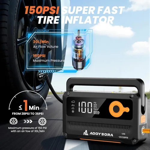 Miniatura 3 de Arrancador de batería de coche 9 en 1 6000A con compresor de aire 26800mAh, caja de salto portátil de 150PSI 12V con inflador de neumáticos
