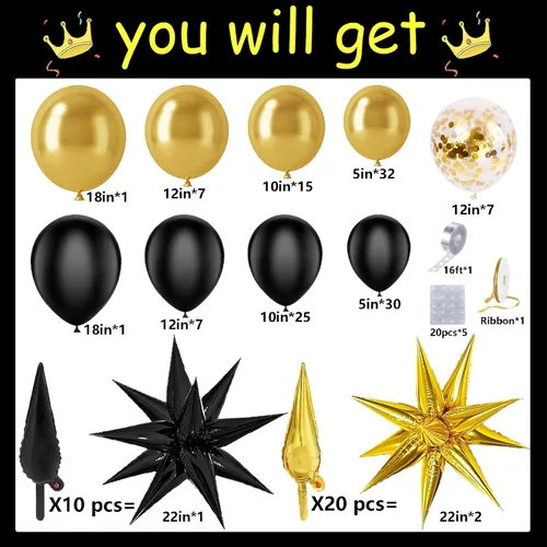 Miniatura 4 de Kit de arco de guirnalda de globos negro y dorado 158 piezas con globos de confeti negro y dorado, globos de papel de aluminio estrella