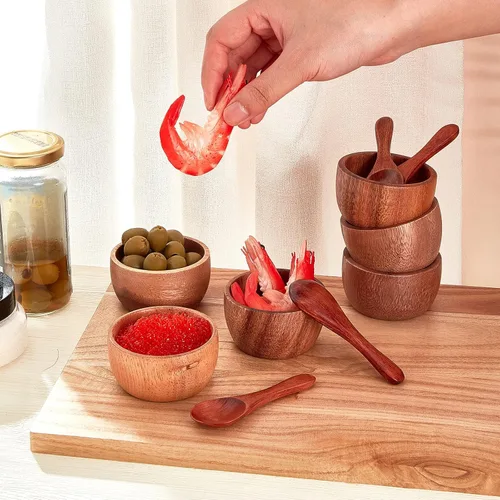 Miniatura 4 de Didaey 8 cuencos pequeños de madera para sumergir condimentos, pequeños cuencos de madera para servir de 3.2 x 2.4 pulgadas con 8 cucharas