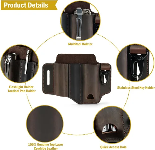 Miniatura 4 de VIPERADE PJ29 Funda multiherramienta para cinturón, organizador de bolsillo EDC de cuero para hombres, funda de cuero EDC, linterna y funda Marrón