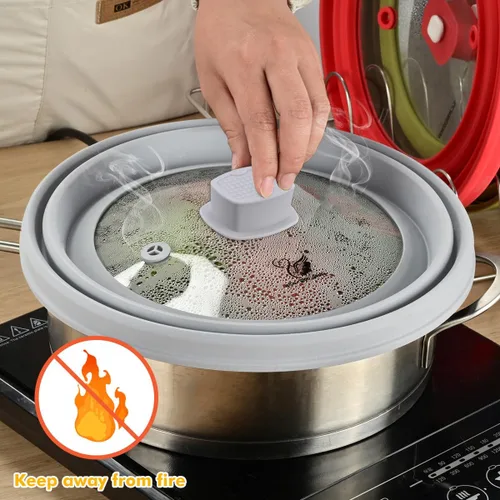 Miniatura 5 de Tapa Protectora contra Salpicaduras de Microondas, Tapa de Vidrio con Protector de Collapsible de Silicona para Platos y Ollas, 24,9 cm, Gris Claro