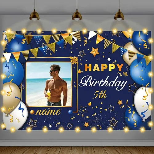 Miniatura 30 de Cartel de feliz cumpleaños beige personalizado para telón de fondo grande de feliz cumpleaños, globo aerostático, fiesta, interior y exterior