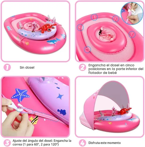 Miniatura 6 de LAYCOL Baby Pool Float with Canopy UPF50+, 120°Adjustable Sun Protection and Anti-Tip Safety Seat, Inflatable Toddler Floaties Infant Pool Float Rosa