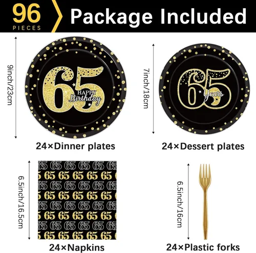 Miniatura 2 de 96 piezas de decoración de cumpleaños número 65 para hombres, platos y servilletas de papel para la mesa de pastel, suministros de mesa