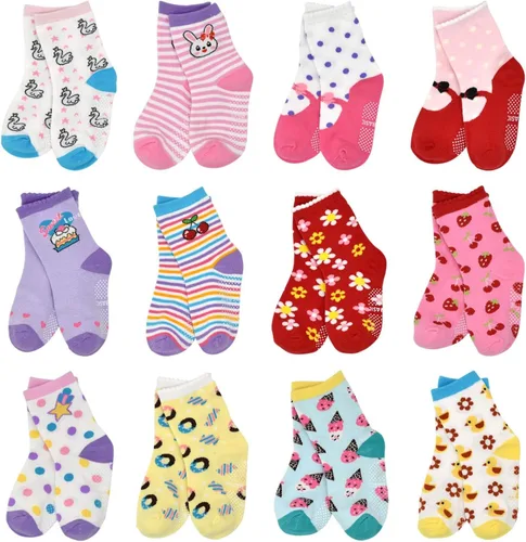 HYCLES Calcetines Antideslizantes para Niños Pequeños, 12 Pares de Calcetines de Algodón con Agarre Antideslizante para Niños y Niñas de 1-7 años y