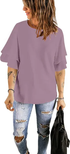 Miniatura 5 de luvamia Blusa casual de manga acampanada de 34 con cuello redondo para mujer