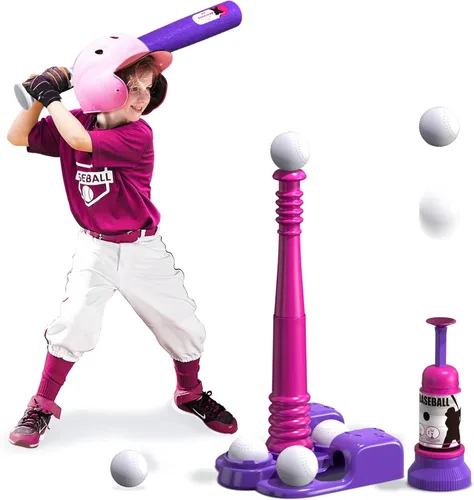 QDRAGON Juego de 2 en 1 de T Ball para niños de 3-5 y 5-8 años, juego de Tee Ball con máquina lanzadora automática/bate de bateo ajustable y Rosa