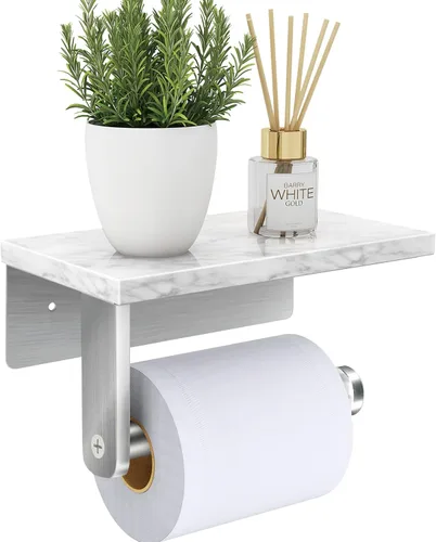 Miniatura 8 de Soporte de papel higiénico de Gypie de mármol con estante, 304 de acero inoxidable con tornillos montado en la pared, soporte para rollo de papel
