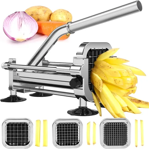 Cortador de patatas fritas, cortador de patatas de acero inoxidable con cuchillas de 1/2 pulgada, 3/8 pulgadas y 1/4 pulgadas (cortador manual, hoja