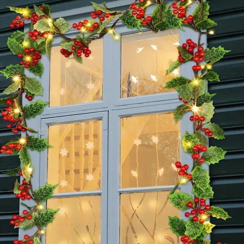 Miniatura 9 de ATDAWN - Guirnalda de Navidad de bayas rojas iluminada de 9 pies, guirnalda de Navidad operada por batería con luces, guirnalda artificial flexible