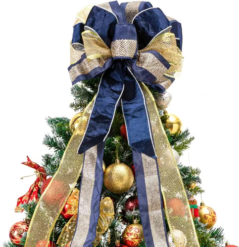 Miniatura 5 de Adorno de Lazo Azul Dorado para la Punta del Árbol de Navidad - 33 x 13 Pulgadas Lazo de Regalo Grande Hecho a Mano Decoración para Coronas