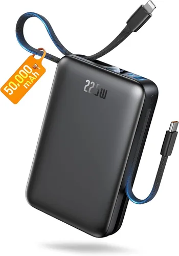 Cargador Portátil 50000mAh Power Bank, Cargador de Teléfono Portátil con 2 Cables Integrados, 22.5W Carga Rápida Elementos Esenciales de Viaje
