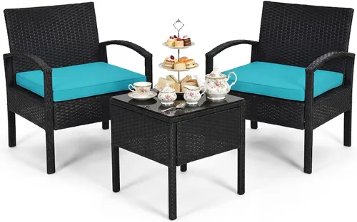 Miniatura 10 de Tangkula Juego de 3 piezas de mimbre para patio, muebles de ratán para exteriores con cojín grueso lavable y mesa auxiliar con espacio