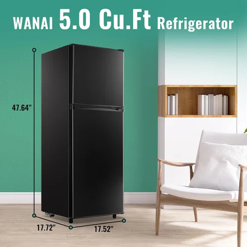 Miniatura 4 de WANAI - Refrigerador de 5.0 pies cúbicos con congelador, refrigerador de doble puerta con 7 ajustes de temperatura ajustable, refrigerador pequeño