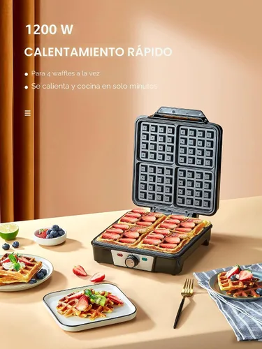 Miniatura 4 de Máquina de gofres belga de 4 rebanadas, plancha para gofres de 1200W, plancha antidesbordamiento con perilla de tostado, placas antiadherentes