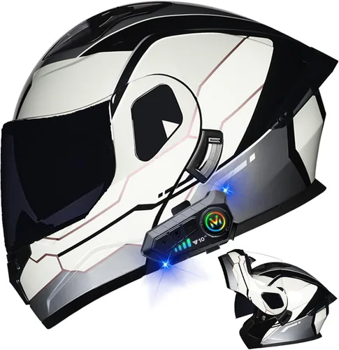 Miniatura 18 de Casco modular Bluetooth para motocicleta, aprobado por DOT, de cara completa, abatible, antivaho, doble visera, casco de motocicleta de calle, LENTE