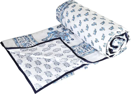 Reversible 100% Cotton Lightweight Blanket, Indian Blanket, AC Blanket Throw, 90x 108'' (Blue-Elephant-Peacock)