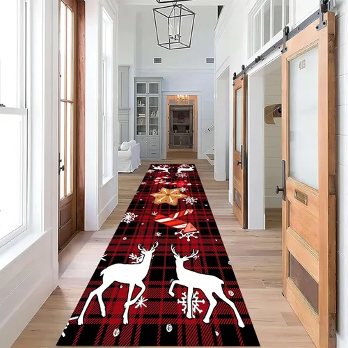 Miniatura 4 de Alfombra de pasillo de Navidad, 1.3 x 7 pies, alfombra de pasillo de renos con copos de nieve, color blanco, alfombra de pasillo estilo bohemio rojo