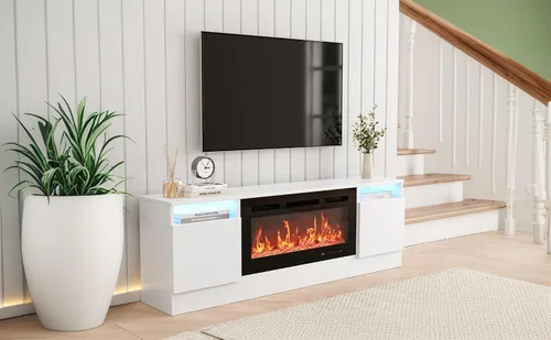 Miniatura 7 de Soporte de TV moderno para TV de hasta 75 pulgadas, armarios de mesa de consola de televisión blancos de 70 pulgadas con almacenamiento y luces LED